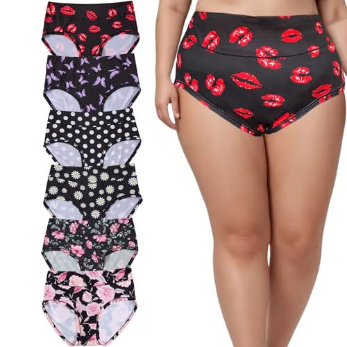 Image of Women's Underwear Plus Size XL-6XL Panties Briefs High Waist Rose Floral Print 6 Pack Undies