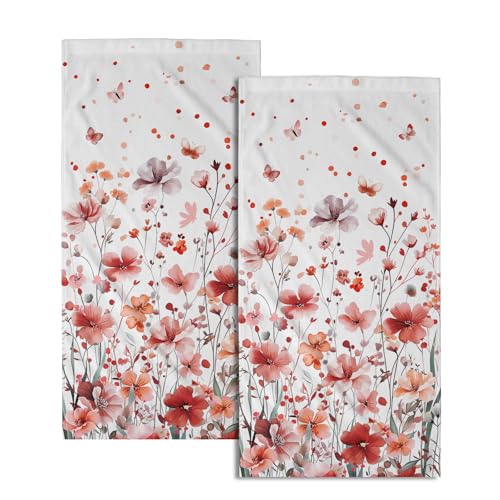 Mweet Wildflowers Hand Towel Set of 2, 14x28 Inch Orange Red Floral Butterfly Absorbent Soft Dish Washing Cloth Towels for Farmhouse Kitchen Bathroom Home Hotel Gym Spring Season Decor