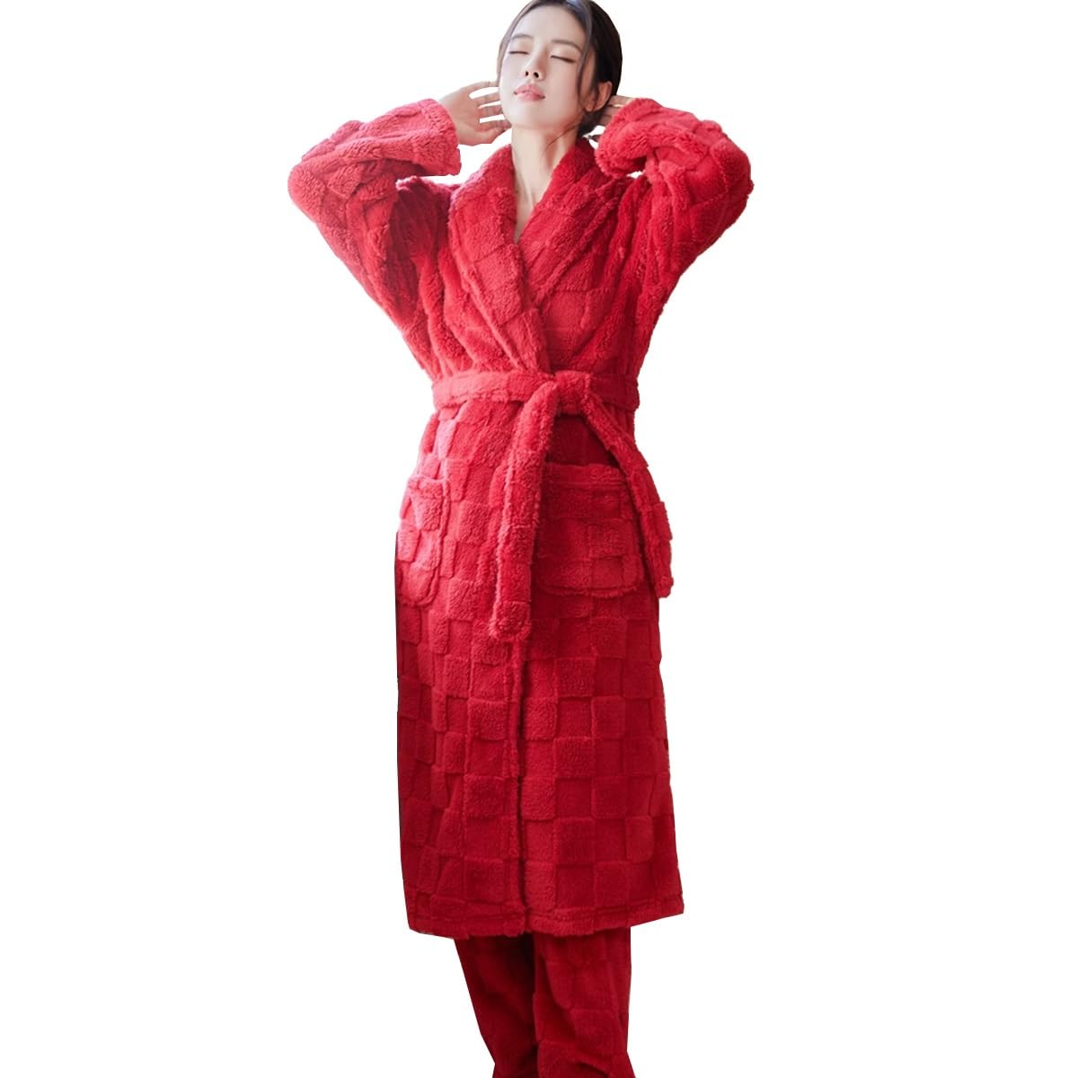 Szlafrok Damski Szlafrok Z Polaru Szlafrok Spa Z Długimi Spodniami Bielizna Nocna Koszula Nocna Męska Zimowa Bielizna Nocna Z Kieszeniami(/Red,M)