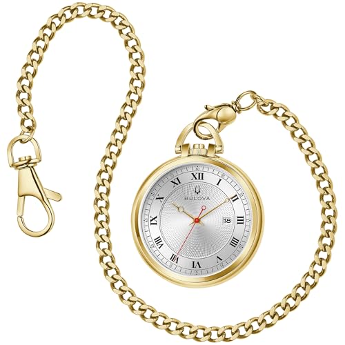 Bulova Classic Pocket Watch 3-Hand Date Quartz Gold Stainless Steel White Dial with Detachable Chain Style: 97B241