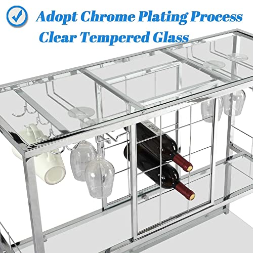 Asya Wine Rack Table With Glass Holder, 3-Tier Wine Bar Cabinet With Temered Glass Shelves, Modern Liquor Cabinet With Storage For Living Room, Kitchen And Dining Room (Silver Finish) #TOP5