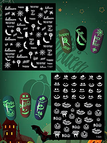 14 Blatt Halloween Leuchtend Nagelkunst-Aufkleber,TOROKOM Glow in Dark 3D Selbstklebende Halloween Kürbis Spinne Schädel… – Bild 5