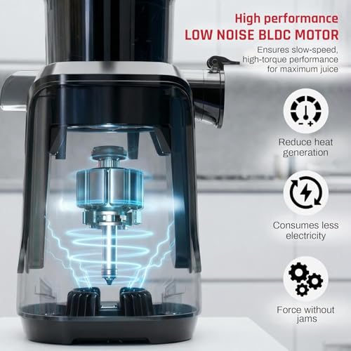 Image of Domestica Dripdrop Cold Press Juicer for Home | Slow Juicer for Fruits, Veggies & Nut Milk with BLDC Motor | High Juice Yield, Low Noise Operation | 108mm Large Chute, Easy Assesmbly & Cleaning(Black)