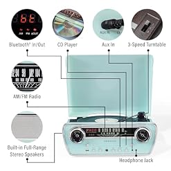 Crosley CR6047A-AB Powel 7-in-1 Bluetooth in/Out Vinyl Record Player with AM/FM Radio, CD Player, and Aux-in, Aqua Blue - Les Beatles, Paul McCartney, John Lennon, RIngo Starr, George Harrison Crosley CR6047A-AB Powel 7-in-1 Bluetooth in/Out Vinyl Record Player with AM/FM Radio, CD Player, and Aux-in, Aqua Blue – Image 2