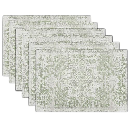 Image of Gray Light Green Boho Placemats Set of 6 Ethnic Bohemian Carpet Place Mats Washable Kitchen Dining Vintage Grey Geography Floral Linen Table Mats Stain Heat-Resistant for Home Party Indoor 12x18 in