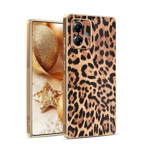 BORYA Galvanoplastia Funda para Motorola Moto G14 4G, Ultradelgado Antigolpes Suave Silicona Carcasa PU TPU Bumper Estuche, Elegante Lujo Patrón Leopardo Cuero Caso, Oro
