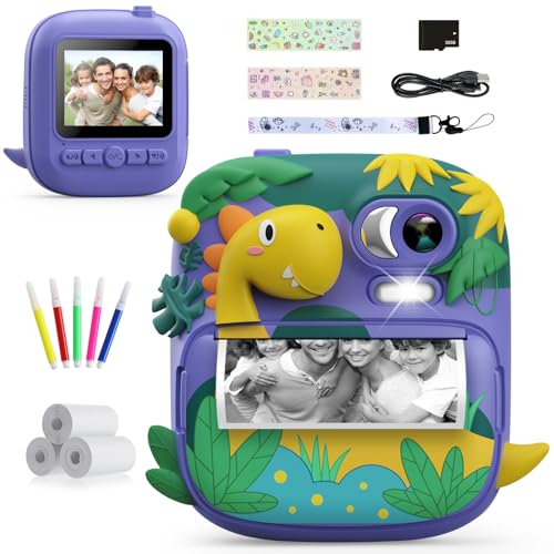 Kinderkamera Sofortbildkamera, CAMCLID 2,4 Zoll Digitalkamera Kinder Dinosaurier Sofortbildkamera mit 32G Karte und 3 Rollen Druckpapier, Geschenke für Jungen und Mädchen 3-12 Jahre