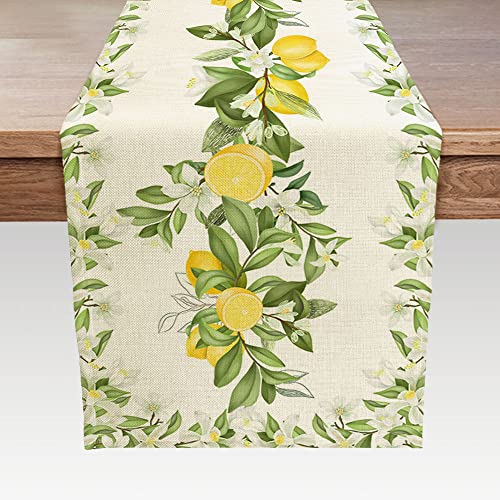 Spring Summer Leaves and Flowers Table Runners, Seasonal Fruit Lemon Kitchen Dining Table Decor, Linen Long Yellow Green Farmhouse Table Decoration Runners 13X72 in by Jipusai - Used condition - US$8.99