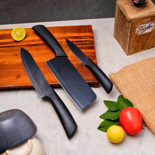 Image of Professional Piece Kitchen Knife Set - High Carbon Stainless Steel Chef, Utility & Santoku Knives with Ergonomic Blue Handles Knife (Black, 3 piece)