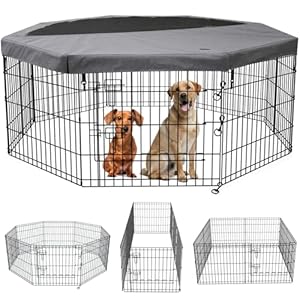 PETIME Foldable Metal Dog Exercise Pen/Pet Puppy Playpen Kennels Yard Fence Indoor/Outdoor 8 Panel 24″ W x 36″ H with Top Cover (with top Cover, 8 Panels 36″ H)
