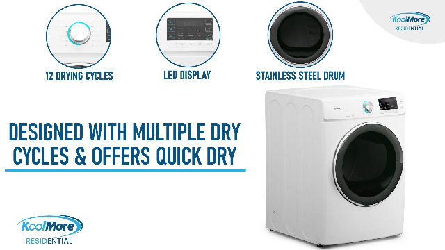 Image of KoolMore 27 inch Front Load X-Large 8 Cu. Ft. Dryer, Large Capacity Home Unit with Wrinkle Release Steam Function and Smart Sensor Dry Technology, Stainless-Steel Drum [White] [240V] (FLD-8CWH)