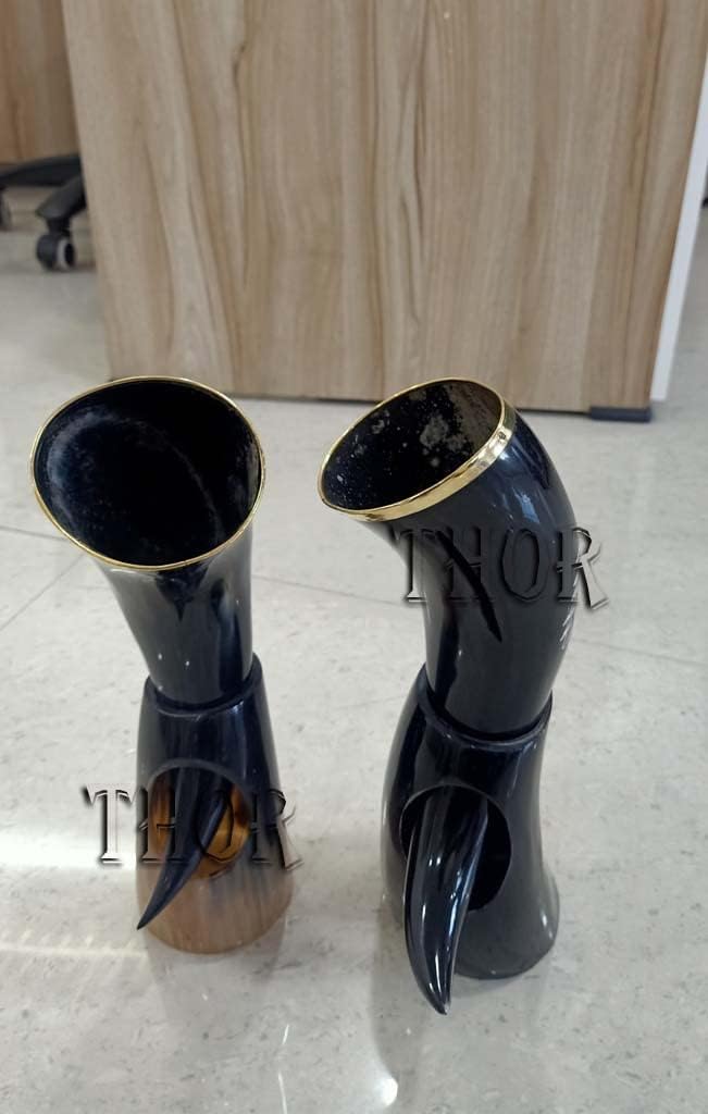 Viking Drinking Wolf Horn Mug - Handmade Natural Horn Drinking with brass trim & Brass set of 2 Viking Drinking Horn Mug Wolf Carved tankard for Beer Wine