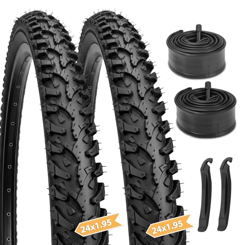 Hycline 24x1.95 Mountain Bike Tires Set, 2-Pack Folding MTB Replacement Tires with Inner Tubes & Tire Levers, All-Terrain Wear-Resistant Bicycle Tires for Trail, Gravel & Street Riding