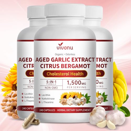 Image of VivoNu Odorless Aged Garlic Extract,1500mg per Serving, 240 Capsules | Cholesterol*,Lipid* & Liver* Support | 5-in-1 Formula with Bergamot,Lecithin,Nattokinase,L-Theanine | Organic, NON-GMO