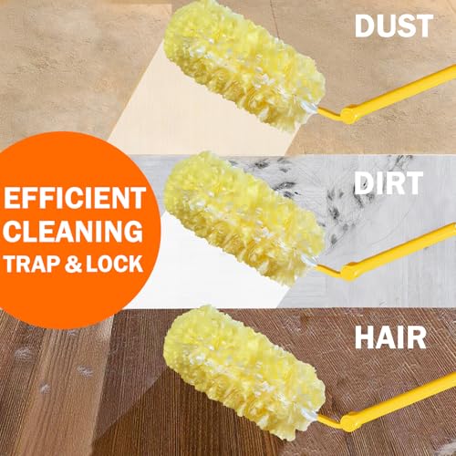 Image of 60 Heavy Duty Duster Refills for Swiffer Duster, Large, Yellow | 2 Side Extra Thick, 3 ft Handle & 1 Short Handle, Multisurface 360 Dusters kit for Dusting Furniture, Fans, Blinds, Corners