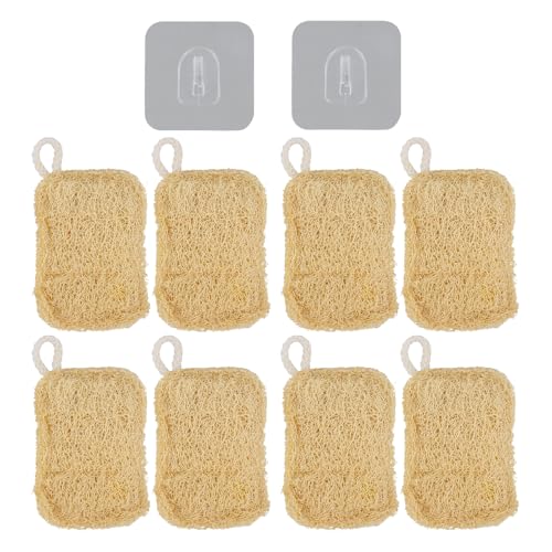 Aurafly 8 Piezas Esponjas de Lufa Orgánicas con 2 Ganchos, Biodegradables y Compostables Lufa Natural Estropajo, Repelente Al Aceite, para Cuartos de Baños Cocinas Encimeras, 10 X 7 cm
