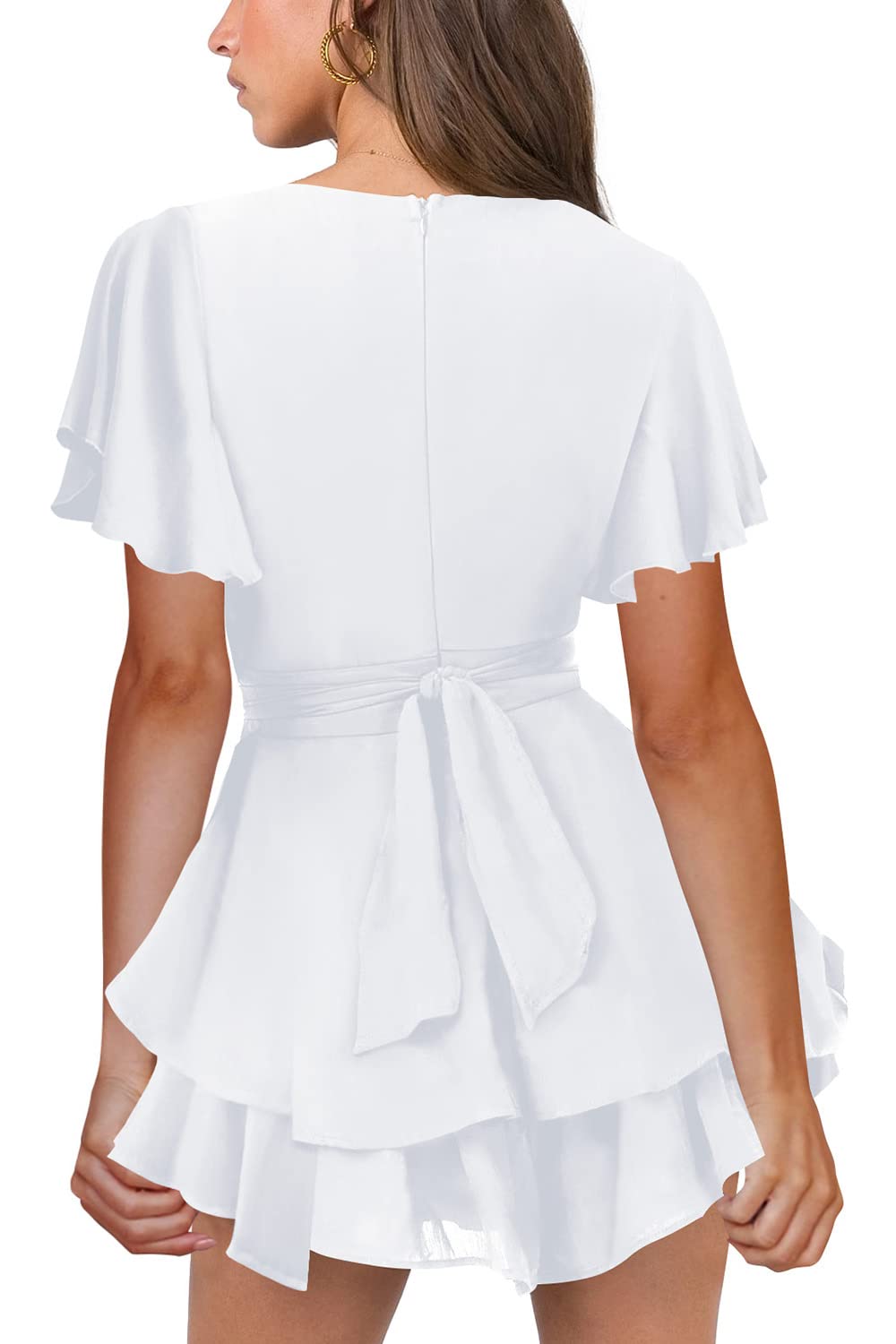 Hocuos Women's Dress Cute Deep V-Neck Short Sleeve Skater Dress Tie Waist Layer Ruffle Hem A Line Swing Casual Mini Dress-White-X-Large