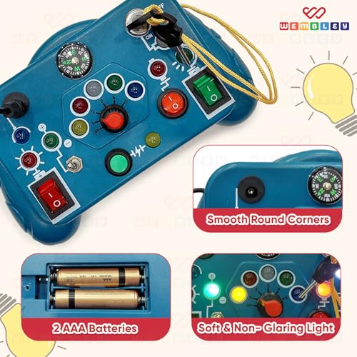 Image of Wembley Busy Board Switch Light Game - Blue | Montessori Sensory Activity Toy for Toddlers | LED Lights, Buttons, Switches & Compass | Fine Motor Skill Development