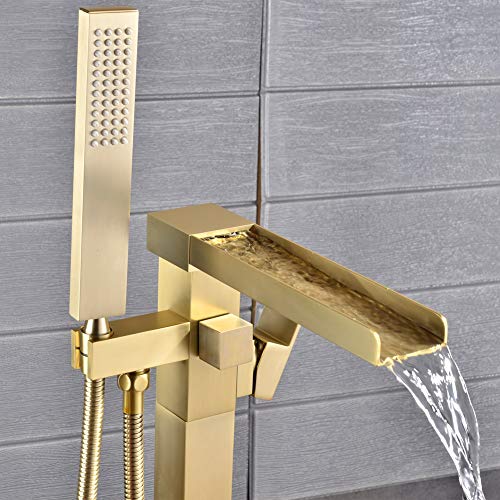 SHAMANDA Luxury Freestanding Bathtub Faucet Single Handle Waterfall Tub Filler with Handheld Shower Brushed Gold, Floor Mounted, FL701-3