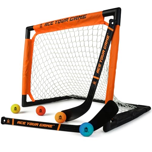 ACE Hockey - Shinny Hockey-Set - Komplettes 2-Spieler-Indoor/Outdoor-Kit - Kniehockey-Tor-Set (1) Tor, (2) Mini-Stöcke und (4) Schaumstoffbälle - Mini-Hockey-Set