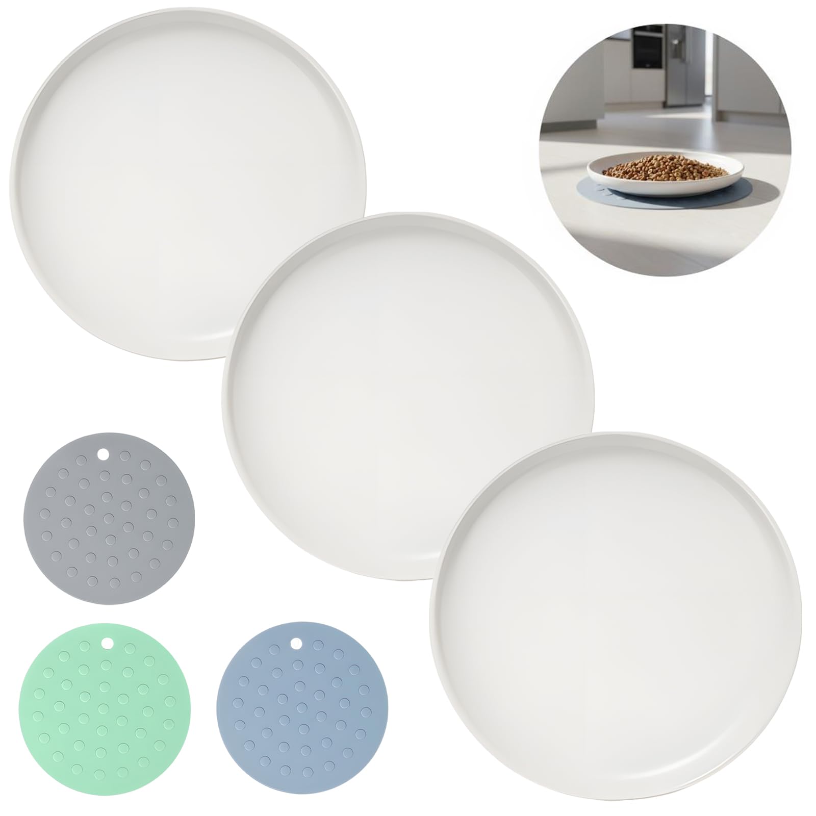 Lot de 3 gamelles en céramique pour Chat, Assiettes d'alimentation Larges et Peu Profondes, avec 3 Tapis antidérapants, pour Chats, Chatons et Chiots, compatibles Lave-Vaisselle