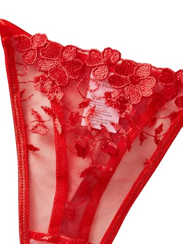Image of Lilosy Sexy Tie Side Cute Underwire Push Up Strappy Embroidered Mesh Sheer Lingerie Set Women See Through Bra and Panty 2 Piece Bow Blossom Red Large