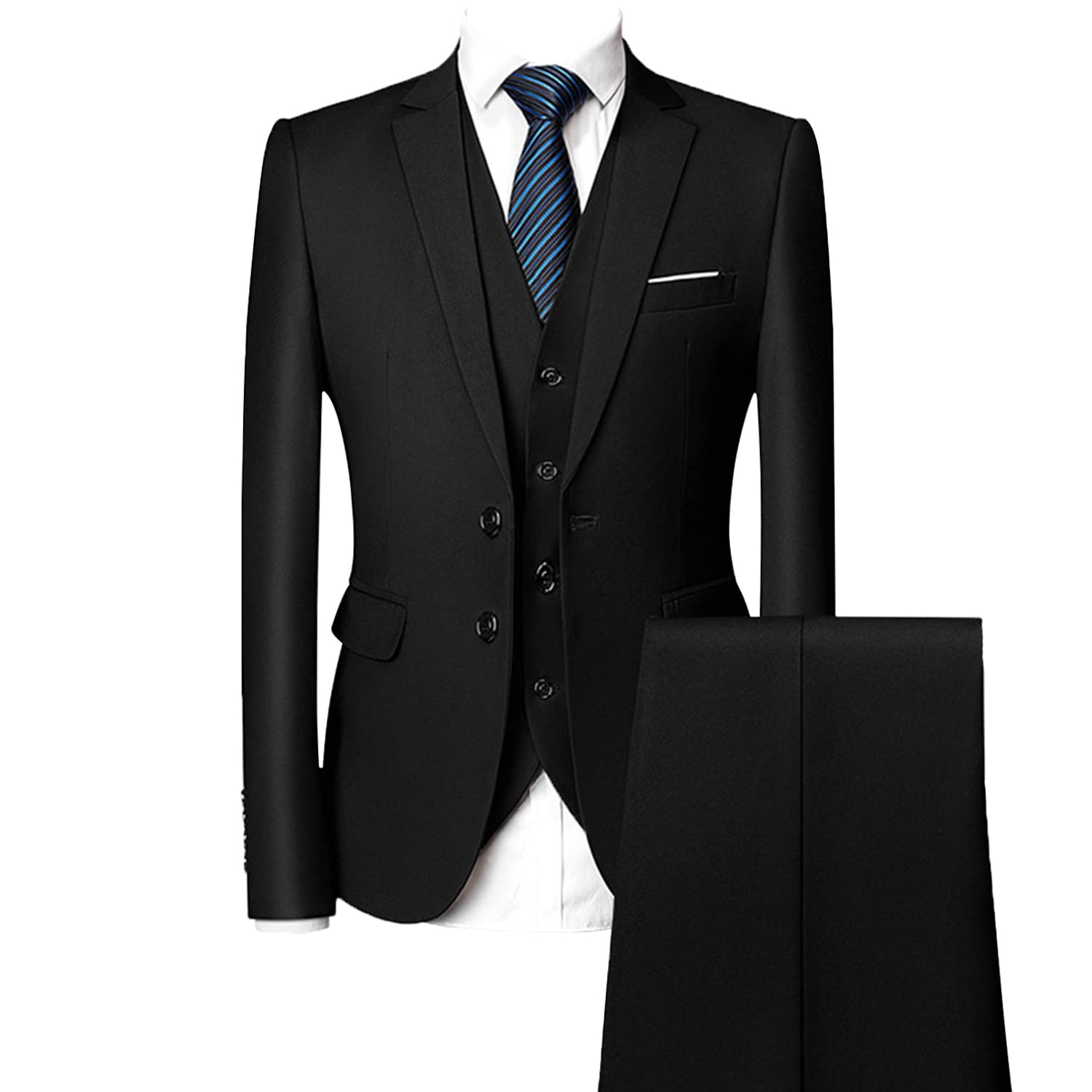 Men's Regular Fit 3 Piece Suit Set Two Button Solid Business Blazer Vest Pants Casual Slim Fit Groomsmen Wedding Suits (Black,Small)