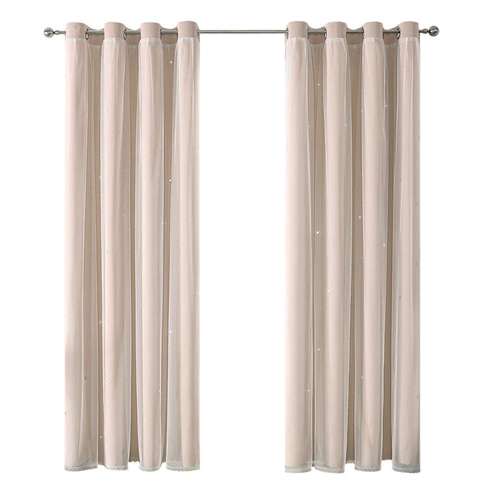 URFEDA Rideau Double Voilage à Dentelle Rideau Occultants Thermiques Rideaux étoilés Semi-translucide Rideaux Beige à Oeillets Voilages Intérieur Fenêtre en Polyester Souple Moderne 132x214cm