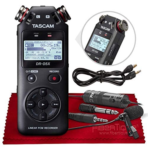 Tascam DR-05X 2-Input / 2-Track Portable Stereo Handheld Digital Audio Recorder w/USB Audio Interface (Black)+ XPIX Lav Microphone + Basic Accessories Bundle