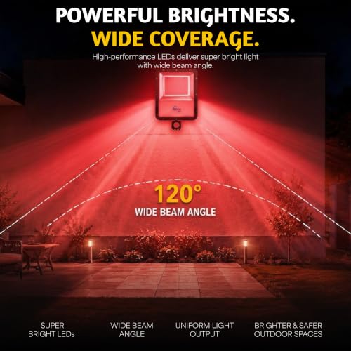 Image of Forus 100W LED Flood Light Red with Motion Sensor Auto On Off Day Night Mode Waterproof Outdoor Security Light for Garden Parking Garage Factory Warehouse Shop High Bright Floodlight 4Yr Warranty-1Pc