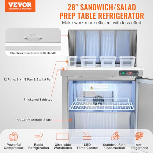 Image of VEVOR 28 inch Commercial Refrigerator, 12 Pans Sandwich & Salad Prep Table, 7.4 Cu. Ft Stainless Steel Refrigerated Food Prep Station, Frost Free Mega Top Refrigerator for Restaurant, Food Truck, Bar
