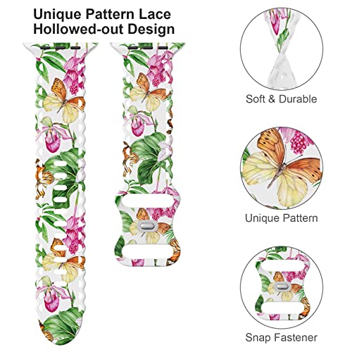 Image of Compatible with Apple Watch Band 41mm 40mm 38mm 49mm 45mm 44mm 42mm Women Girl, Butterfly Print Lace Hollow-out Soft Silicone Sport Bands For iWatch Ultra SE Series 10 9 8 7 6 5 4 3 2, Butt-38