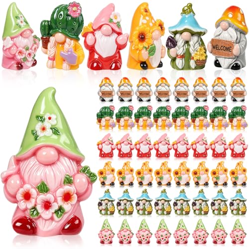 QAUYETM 60 Pcs Spring Mini Gnomes Figurines 6 Style Spring Miniature Resin Gnome Decorations with Sunflower Cactus Flowers for Fairy Garden Landscape Aquarium Tiered Tray Home Dollhouse Desk Decor
