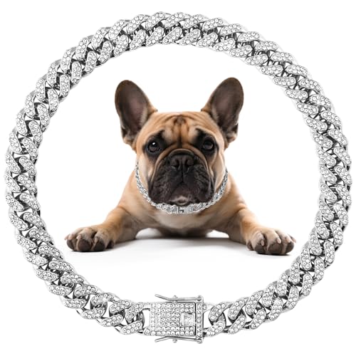 Image of Cuban Link Silver Dog Chain Collar Design Secure Buckle Crystal Necklace Silver Dog Metal Jewelry Accessories for Small Medium Large Pet Male Dogs (20inch)