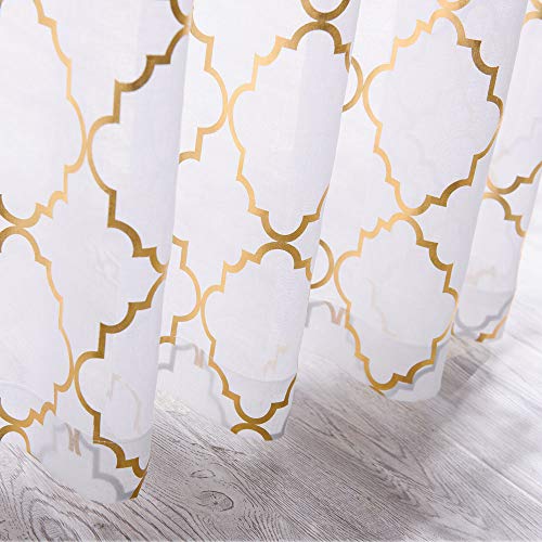 Yj Yanjun White Sheer Curtains 84 Inches Long Trellis Gold Foil Curtains For Living Room Bedroom Set Of 2 Panles, 52 X 84 Inch #TOP7