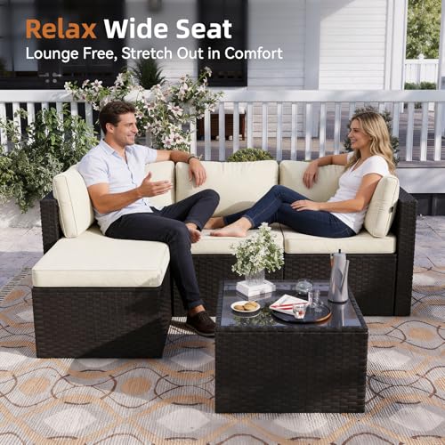 Aoxun Patio Furniture Set 5-Piece, Outdoor Sectional Sofas with Washable Cushion, Wicker Rattan Patio Conversation Sets for Backyard Porch and Poolside, Beige - Image 3