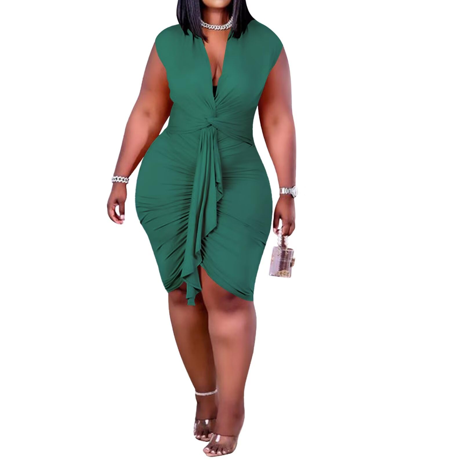 IyMoo Women's Sexy Plus Size Bodycon Drawstring Ruched Mini Club Dress