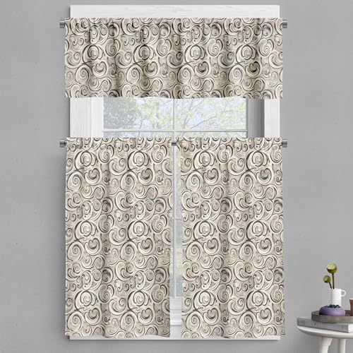 Ambesonne Abstract Valance & Tier Curtain 3 pcs Set, Modern Abstract Wind in The Desert Theme Swirly...