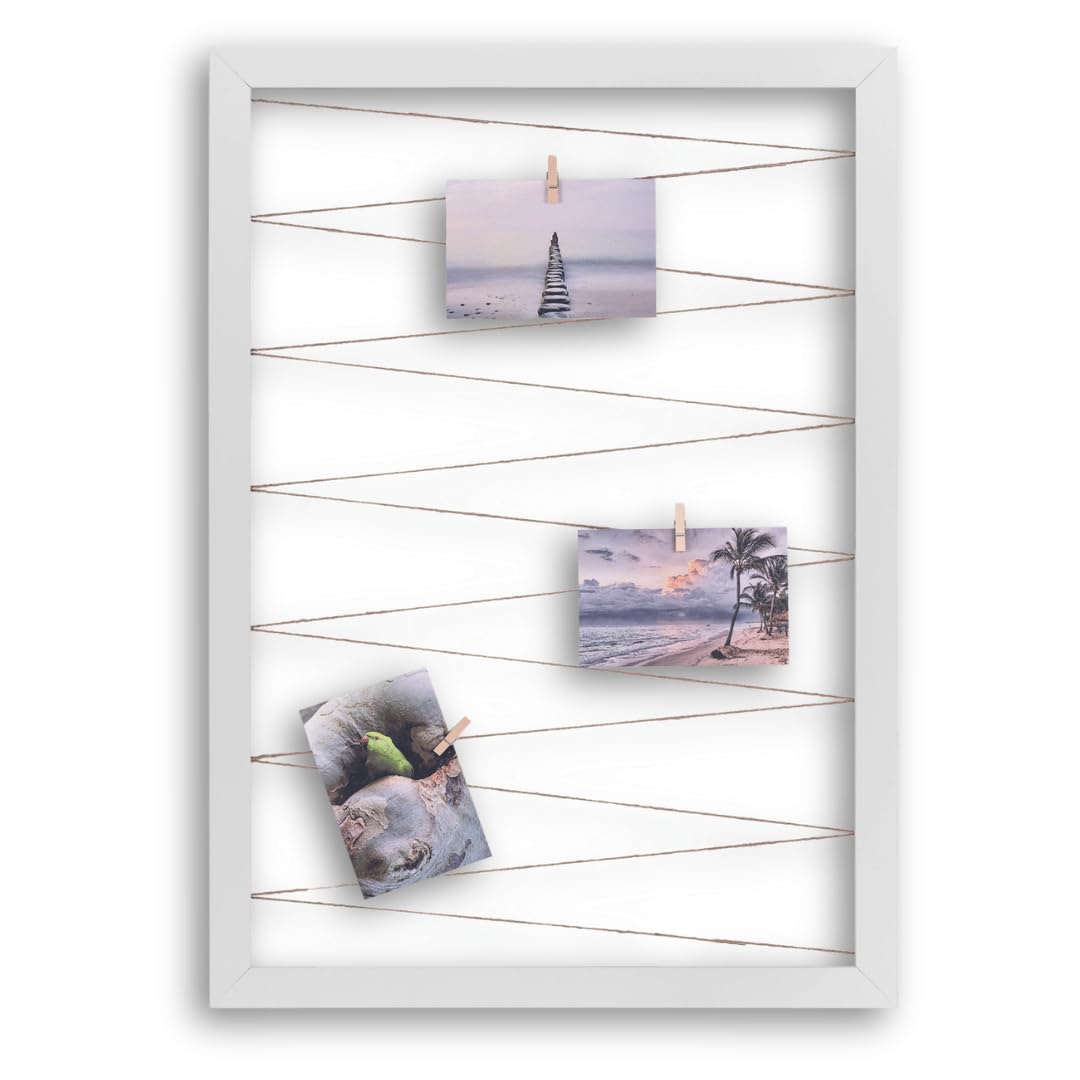 CLAMARO 'Collage Line' Fotohalter 70x90 cm | Weiß Matt | Hochformat Bilderrahmen mit Fotoleine aus Juteband und Holzklammern | Ideal als Fotocollage Galerie, Fotowand oder Fotorahmen