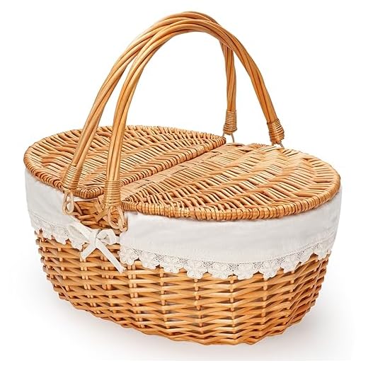 Wicker Picnic Basket with Removable Liner, Empty Picnic Baskets with Lid, Vintage-Style Picnic Hamper with Folding Woven Handle for Picnic, Camping, Outdoor, Halloween, Thanks Giving, Birthday (Cream)