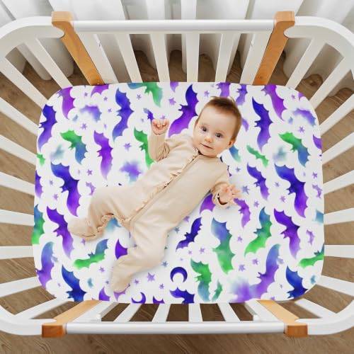 Image of Crib Sheet Breathable Soft Crib Mattress Sheet for Baby Toddler Boys Girls Fitted Pack n Play Crib Sheet Fit Standard Crib Mattress 39 x 27 Inch Purple Halloween Bats Stars