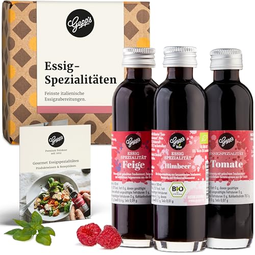 Gepp’s Feinkost 3er Mini Essig Set I Essig Geschenkset für Genießer I Tomaten Balsam, Feigen Balsam & Bio-Himbeeressig I Essig Geschenkbox I Ideal für Salate, Käse & mehr I Mini Flaschen à 40 ml
