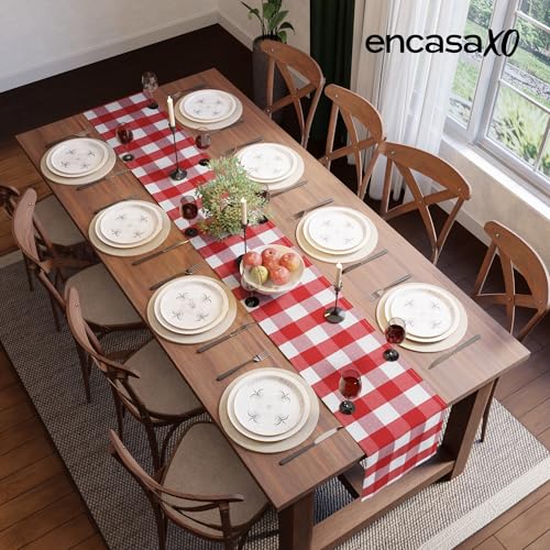 Image of Encasa XO Cotton Table Runner for 4 to 6 Seater | Size 13x72 in | Buffalo Red Checks - Machine Washable & Durable
