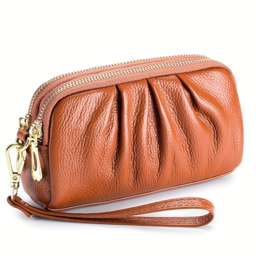 Wallet Women, Genuine Leather Women’s Long Wallet with Double Zipper,Multi-Functional Pleated Organizer for Keys, Lipsticks, Coins & Cell Phone, Classic Style Handbag with Wrist Strap (Brown)3