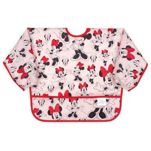Image of Bumkins Disney Bibs, Baby and Toddler Girls and Boys 6-24 Months, Long Sleeve, Essential Must Have for Eating, Feeding, Mess Saving Lightweight Waterproof Fabric Sleeved Smock, Minnie Mouse Classic