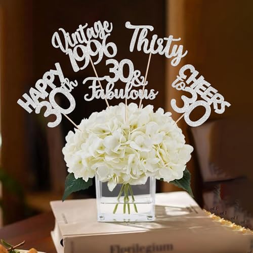 Image of 15 PCS 30th Birthday Centerpiece Sticks Thirty Happy 30 Vintage 1996 Table Flower Centerpieces Sticks Cheers to 30 Fabulous Floral Decorations for 30th Birthday Party Supplies Silver