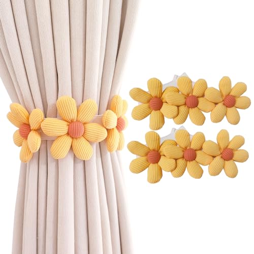 Image of BDHRKTE 2pcs Curtain Ties Flower Curtain Buckles, Cute Flower Curtain Ties Decorative Rope for Bedroom Window Treatment (Yellow)
