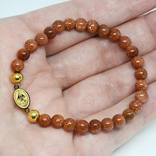 Catholic Town Bracelet with Stainless Steel Virgen de la Caridad del Cobre medal and 6mm Venturina beads (SSBCMVS-6)3