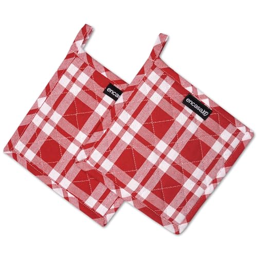 Image of Encasa XO Oven Microwave Pot Holders Trivets 21 cm (2 pc) for Kitchen Cooking & Baking - Heat Resistant, Thick & Safe, Protection of Hands from Hot Utensils, Grill, BBQ - Franca Red Checks