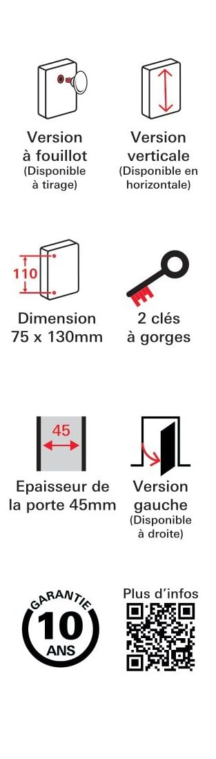 THIRARD - Serrure Verticale En Applique 6 Gorges - Fouillot - Pour Entrée Gauche - Axe 45 mm - Carré 7 mm - 75 x 130 mm - Noir - 2 Clés Incluses - Coffre Et Gâche Acier Cambré